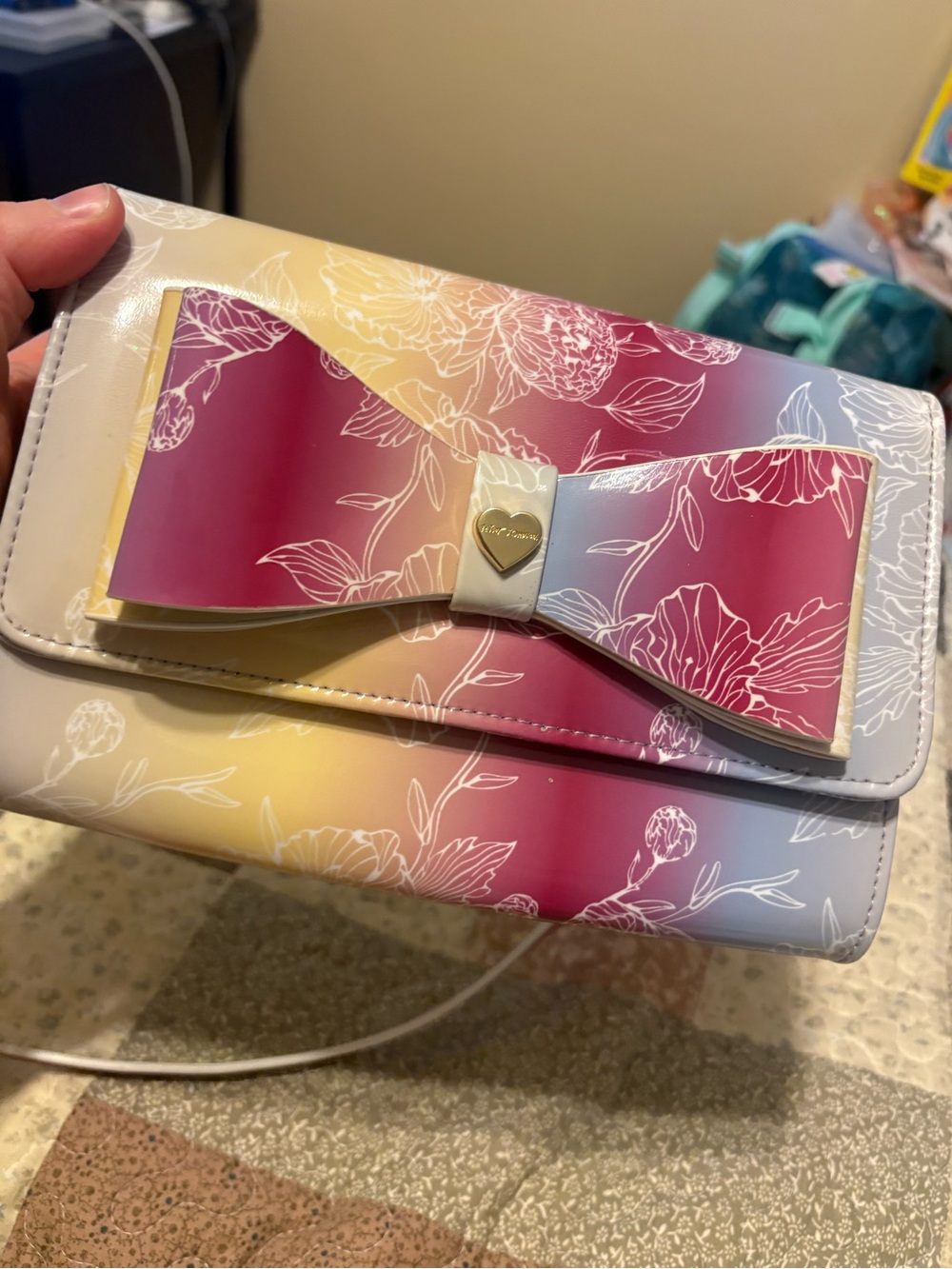 Betsey Johnson Multicolor Floral Bow Clutch - Pink, Yellow, Light Blue